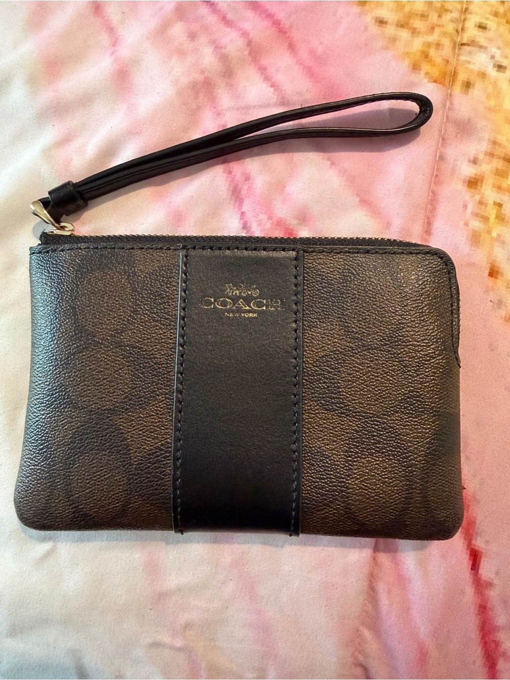 Coach Brown Monogram Canvas Wristlet with Black Leather Trim
